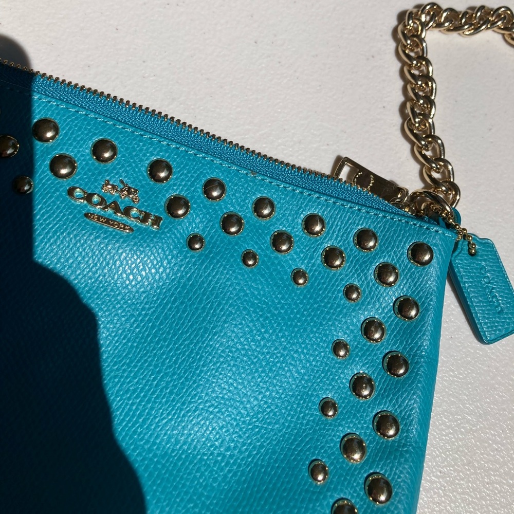 Coach Quinn Teal Blue Metal Bubble Studded Soft Leather Small Crossbody Purse - Picture 16 of 17